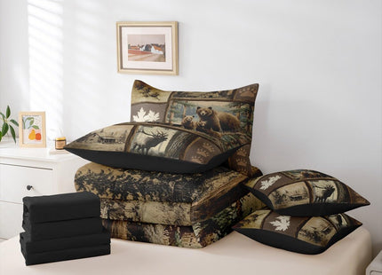 Erosebridal Grizzly Bear Deer Plaid 7 Piece Full Comforter Set, Rustic Farmhouse Cabin Bedding Sets for Kids Boys Men,Country Maple Leaf Bed in a Bag with Sheets,Hunting Wildlife Theme Bed Set