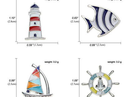 Acxico 4Pcs Creative Metal Cartoon Brooch Set Sailboat Lighthouse Rudder Tropical Fish Shape Lapel Pin Jacket Denim Collar Backpack Pin