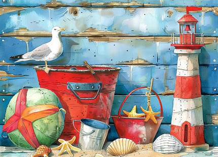 Seaside Bucket Paint by Number for Adults Beginner,Gull Starfish Shells Paint by Numbers on Canvas,Lighthouse Model Paint by Numbers Kits Suitable for Home Wall Decor Without Frame 16x20 Inch
