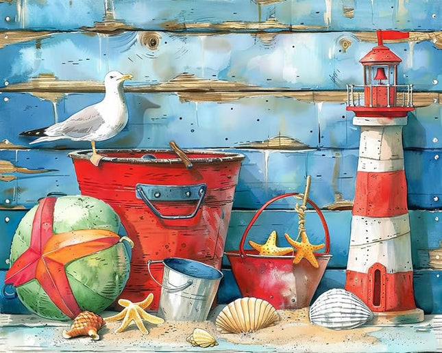 Seaside Bucket Paint by Number for Adults Beginner,Gull Starfish Shells Paint by Numbers on Canvas,Lighthouse Model Paint by Numbers Kits Suitable for Home Wall Decor Without Frame 16x20 Inch
