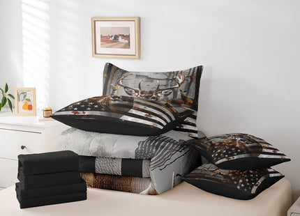 Erosebridal Full Comforter Set 7 Piece Deer American Flag Bed in A Bag Woodland Hunting Deer Elk Bedding Set with Sheet Set and Pillow Covers for Kids Adults,Reversible Black Bed Set