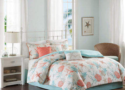 Island Living Coral & Teal Seashells, Starfish, Beach Queen Comforter Set (7 Piece Bed in A Bag)