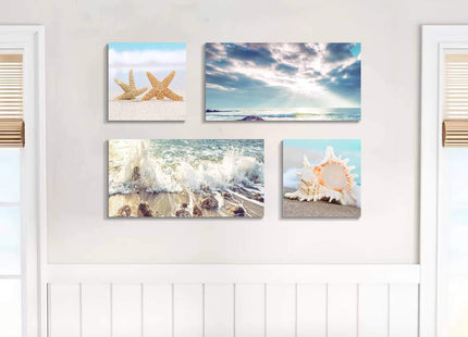 ARTISTIC PATH 4 PCS Coastal Beach Starfish Seashell Canvas Wall Art