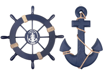 Meching 2 Pack 11" Nautical Beach Wooden Ship Wheel and 13" Wooden Anchor with Rope Nautical Boat Steering Wheel Rudder Anchor Wall Art Decor Door Hanging Ornament Beach Theme Home Decoration(Blue)