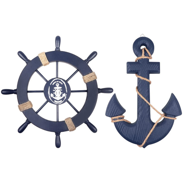 Meching 2 Pack 11" Nautical Beach Wooden Ship Wheel and 13" Wooden Anchor with Rope Nautical Boat Steering Wheel Rudder Anchor Wall Art Decor Door Hanging Ornament Beach Theme Home Decoration(Blue)