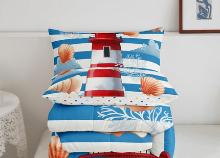 Erosebridal Nautical Comforter Set Twin Red White Lighthouse Bedding Set, Blue Stripes Bedding Comforters & Sets Coastal Conch Starfish Duvet, Ocean Theme Quilt Comforter Super Cozy Microfiber 2pcs