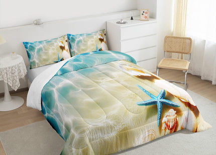Ocean Comforter Set Twin Beach Bedding Set Coastal Nature Theme Teal Duvet Set Boys Girls Hawaiian Quilt Sets Sea Wave Animals Shell Starfish Reversible Comforter Set 1 Pillowcase, Blue Room Decor