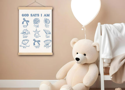 DNEULYR Retro Blue Bow Seashell Christian Wall Art Poster, Bible Verse Wall Decor, God Says I am Coastal Beach Religious Scripture Poster Hanger Frame for Girls Room Dorm Home Office, 12x16 Inches