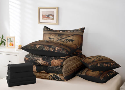 Erosebridal Rustic Farmhouse Bedding Sets 7 Piece Retro Camo Cabin Lodge Comforter Set Twin Hunting and Fishing Bed in A Bag for Boys Adults Men Wildlife Bear Deer Fish Duck Sheet Set with Comforter