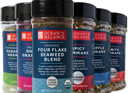 Ocean’s Balance Complete Seasoning Collection – Gourmet Seaweed Seasonings with Spicy, Truffle, Bonito, Four Flake Blend, Dulse Granules & Kelp Granules, Vegan Umami-Rich Low Sodium,