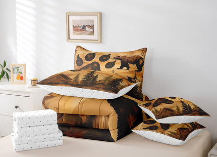 Erosebridal 7 Pcs Brown Bear Bedding Set Full Bear Paw Print Comforter Set 7 Piece Country Woodland Cabin Lodge Bed in a Bag Farmhouse Hunter Quilt with Flat Fitted Sheet Rustic Forest Animal Decor