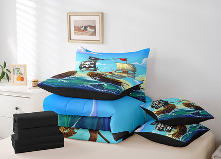 Erosebridal Sailboat Bed in A Bag Full Sailing Ship Nautical Comforter Set 7 Piece for Kids Boys,Ocean Wave Bedding Set Cartoon Pirate Ship Bed Sheets Set with Comforter
