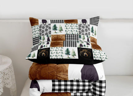 Kids Rustic Black Bear Comforter Set Twin Woodland Animal Bedding Set For Boys Teen Men,Patchwork Black White Grey Buffalo Plaid Comforter Farmhouse Wooden Pine Tree Bear Paw Quilt Duvet 2 Pcs
