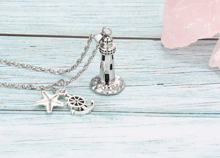Gredstar Lighthouse Urn Necklace for Ashes Memorial Keepsake Pendant with Starfish Charms Cremation Jewelry (Lighthouse + Anchor + Starfish)