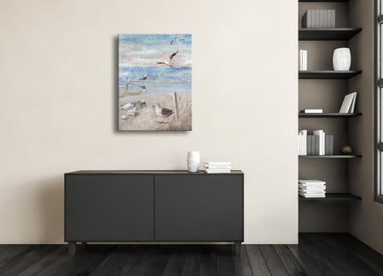 Pyradecor Large Abstract Seaside Seagull Seascape Painting Perching Bird by The Seashore Coastal Beach Canvas Wall Art for Bathroom Living Room Office Decor 20x28inch