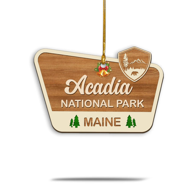 Acadia National Park Wooden Ornament, Acadia Mountain Landscape Scene Bear Decor for Christmas Tree, USA National Park Gifts for Travelers, Hiking Lovers, Keepsake Souvenirs for Family, Friends