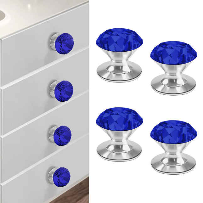 CcHhyyt 4 Pcs Crystal Adhesive Knobs Stick On Cabinet Handle Blue K9 Crystal Pulls Peel and Stick Dresser Pulls for Mirror Cabinet Drill Free Knobs for Glass Sliding Doors Fish Tank Lid Terrarium