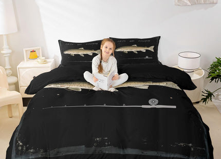 Fishing Duvet Cover Set Twin Size,Bass Fish Printed Bedding Set 2Pcs,Fishing Lover Hunting Fish Comforter Cover for Teens Men Adult Kids Room Decor,Black Lake House Life Quilt Cover,1 Pillowcase
