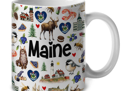 Lotacy Maine Symbols Colorful Coffee Mug, 11 oz, Maine Souvenirs And Gifts For Men, Women
