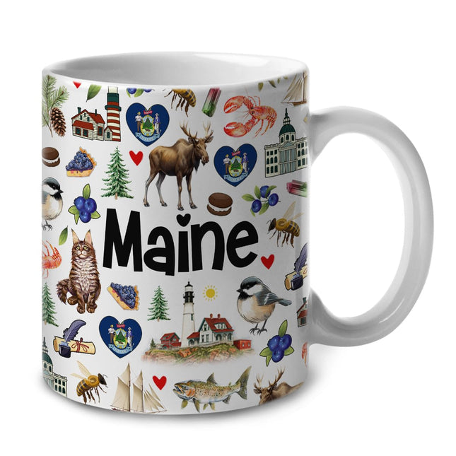Lotacy Maine Symbols Colorful Coffee Mug, 11 oz, Maine Souvenirs And Gifts For Men, Women