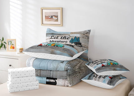 Erosebridal Rustic Camping Comforter Set for Travel Trailers Twin Size 7 Piece Farmhouse Camper Bedding Set with Sheet Set,Rv Adventure Bed in A Bag Woodland Bear Barn Door Bed Set
