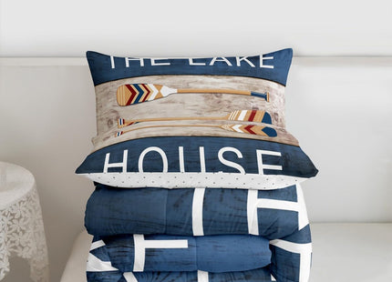 Castle Fairy Lake House Theme Comforter Set,Rustic Farmhouse Bedding Set for Kids Girls Women,Adults Lake Paddles Comforter,Retro Wooden Quilted Duvet Set Bedroom Collection Twin Size 2Pcs