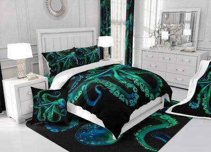 Erosebridal Octopus Bedding Set Sealife Duvet Cover Ocean Animal Comforter Cover for Kids Teens Adult,Decoration 3 Pcs Bedding Set (1 Duvet Cover 2 Pillowcases) Full Size,Black Green
