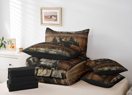 Erosebridal 7 Piece Rustic Deer Queen Comforter Set with Sheets Farmhouse Cabin Bedding Sets | for Kids Boys Teen Men Hunting Wildlife Deer Theme Bed in A Bag Country Lodge Western Bed Set Brown