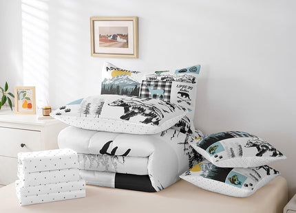 Erosebridal Cabin Bear Deer Comforter Set Queen 7 Piece Hunting Fishing Bass Fish Bedding Set with Sheets,Rustic Farmhouse Buffalo Plaid Bed in A Bag for Kids Boys Men Woodland Animal Bed Set