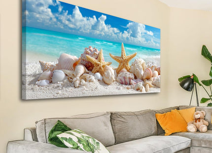 BewDalky Coastal Seashell Conch Canvas Wall Art Summer Beach Pictures Seaside Starfish Bathroom Wall Decor Modern Blue Ocean Theme Artwork Prints for Living Room Bedroom Home Decoration 23" x 46"