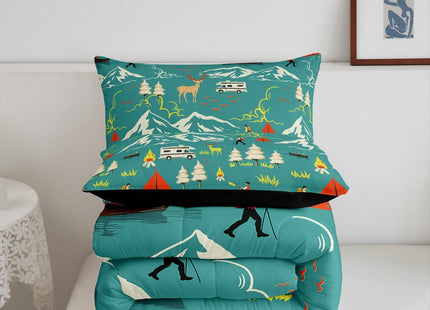 Kids Camping Comforter Set Twin Size, Farmhouse Camper Car Bedding Set, Deer Wild Animals Bedding Comforter Sets, Mountain Adventure Down Comforter, Firemen Woodland Duvet Insert, 2Pcs Green