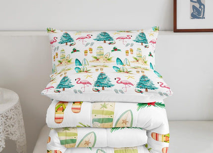 Christmas Beach Bedding Comforter Sets Queen,Watercolor Summer Christmas Trees Flamingo Bedding Set for Bedroom,Seaside Surfboard Slippers Summer Theme with 1 Comforter and 2 Pillow Cases