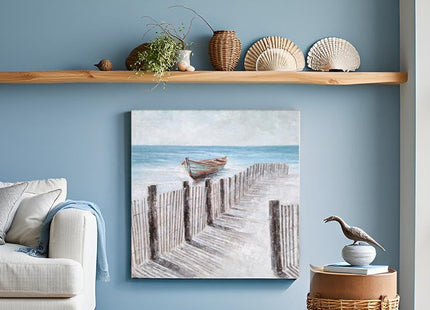 Yihui Arts Beach Canvas Wall Art - Blue Grey Boat Coastal Nautical Square Artwork Painting for Modern Home Decor