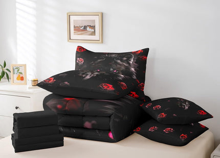 Erosebridal Black Wolf Bed in a Bag Queen Comforter Set 7 Piece,Red Rose Bedding Sets Romantic Flowers Bed Sheets,Wild Woodland Animals Sheet Set with Comforter