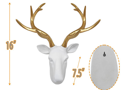 Faux Deer Head Wall Decor, White Fake Furry/Felt/Velvety Resin Deer Head With Gold Antlers for Home/Bar/Office, Size 16" x 12.5" x 7.5" By Smarten Arts