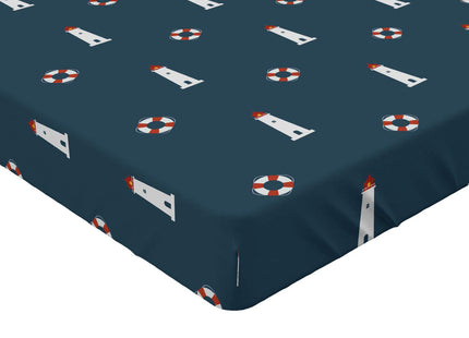 Ambesonne Lighthouse Fitted Sheet, Nautical Pattern with Life Buoys and Marine Architecture Navigation, Soft Decorative Fabric Bedding All-Round Elastic Pocket, Queen Size, Blue Petrol