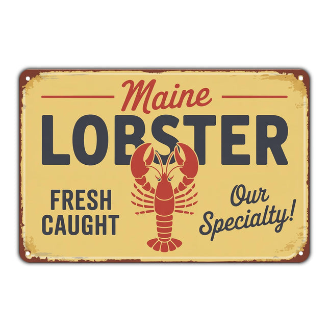 Maine Lobster Fresh Caught Lobster tin sign Vintage Maine Seafood Metal Sign Print Aesthetic for Garden Yard Bar Porch Home Bedroom Kitchen Wall Decor Gift 8 x 12 in