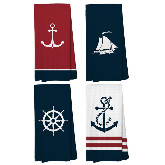 Liosei Nautical Hand Kitchen Towels, Boat Accessories,Nautical Bathroom Decor, Navy Blue Coastal Sailboat Dishtowels, Anchor Dish Towels Decoration 16 x 24 Inch Set of 4