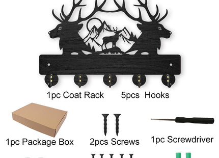 MAYJOYDIY Deer Mountain Forest Coat Hooks Wall Mounted 11.8×7.9inch Black Wooden Deer Key Holder for Wall 5 Alloy Hooks Wall Art Decor Deer Hangers for Towel Key Kitchen Bedroom Entryway Gifts