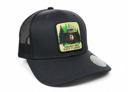 PNW Apparel Smokey the Bear Keep it Green Snapback Trucker Hat with Smokey the Bear Woven Patch (Grey/Black)