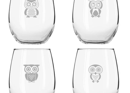 Cute Owl Wine Glass Set of 4 | Stemless Wine Glasses with 4 Unique Loveable Owls | 15 oz. Owl Decor Glasses | Makes Fun Owl for Women | Great Owl Kitchen Decor or New Home Gift Ideas | USA Made
