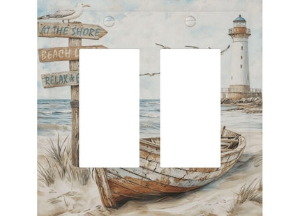 Nautical Coastal Ocean Beach Seasides Sailboat Lighthouse Decorative Outlet Covers 2 Gang Double GFCI Rocker Electrical Wall Panels Light Switch Cover Plate for Farmhouse Home Decor