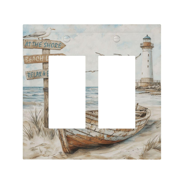 Nautical Coastal Ocean Beach Seasides Sailboat Lighthouse Decorative Outlet Covers 2 Gang Double GFCI Rocker Electrical Wall Panels Light Switch Cover Plate for Farmhouse Home Decor