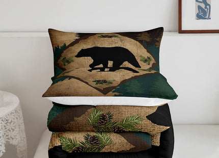 Homewish Lodge Cabin Comforter Set King Size 3 Pcs Wild Bear Retro Grid Rustic Style Comforter for Kids Teens Adults Outdoor Animal Pine Trees Silhouette Bedding Set with 2 Pillowcases+1 Comforter