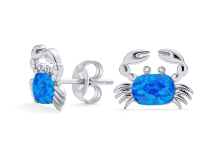 Blue Opal Delicate Nautical Created Crab Stud Earrings .925 Sterling Silver