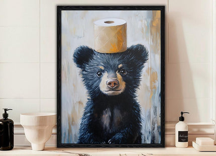 Framed Funny Black Bear Bathroom Canvas Wall Art Rustic Decor 12x16 Inches