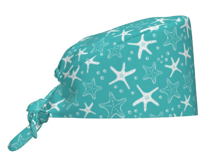 Summer Beach Coastal Sea Star Shells Starfish Blue Background Working Cap Scrub Cap with Sweatband Adjustable Unisex Women Tie Back Hat Nurse Surgical Caps