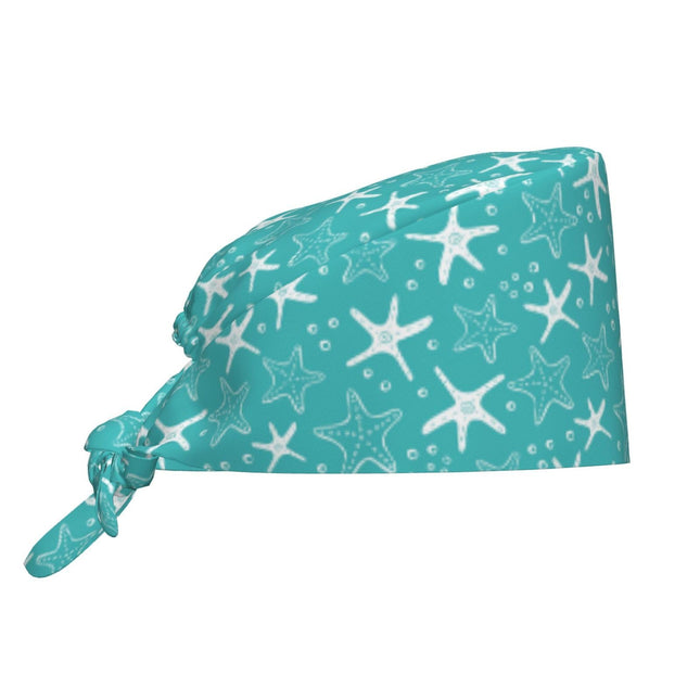 Summer Beach Coastal Sea Star Shells Starfish Blue Background Working Cap Scrub Cap with Sweatband Adjustable Unisex Women Tie Back Hat Nurse Surgical Caps