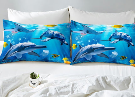 Cute Dolphin Fitted Sheet Twin for Kids Boys Girls,Coastal Animal Bedding Set,Ocean Creatures Under The Sea Bed Sheets,Blue Wave Hawaiian Beach Bed Set