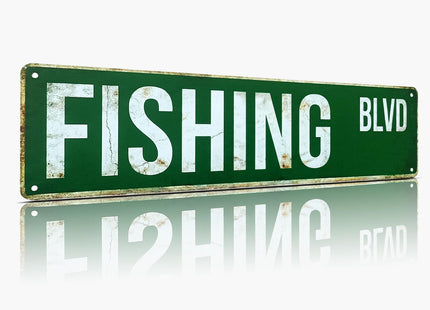 FISHING BLVD Street Sign, Metal Decor for Lake House & Cabin, 4x15 Inch Rustproof Aluminum Wall Art for Man Cave - Fishing Gifts for Men & Dad